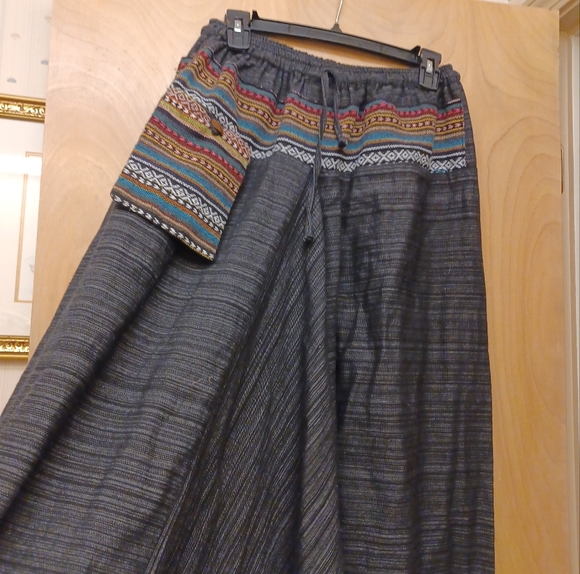 Grey embroidered Harem Indian Boho festival drawstring Unisex pocket pants Sz L - Picture 2 of 7